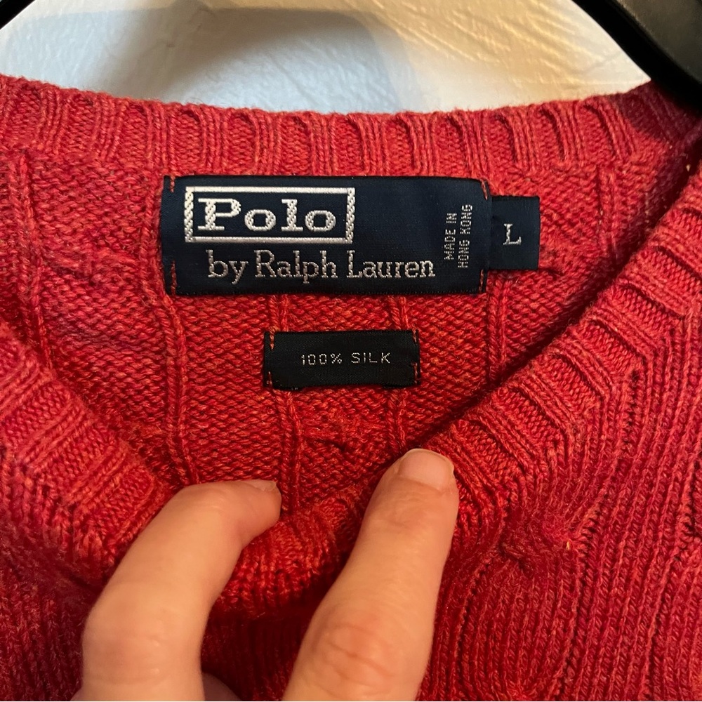 POLO RALPH LAUREN x Vintage 100% Silk Cable Knit Crew Sweater Red Heather Sz L - Picture 3 of 8